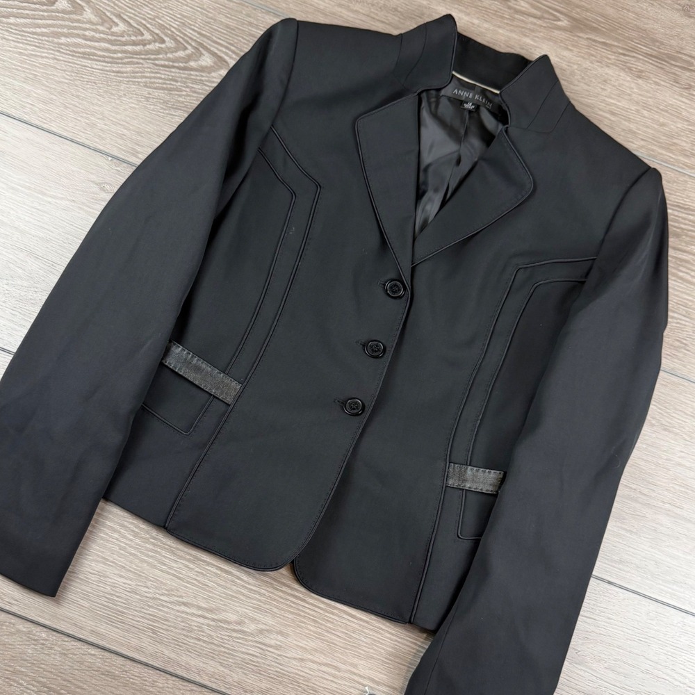 Anne Klein Womens Suit Blazer Faux Leather Trim Onyx Black Size 12